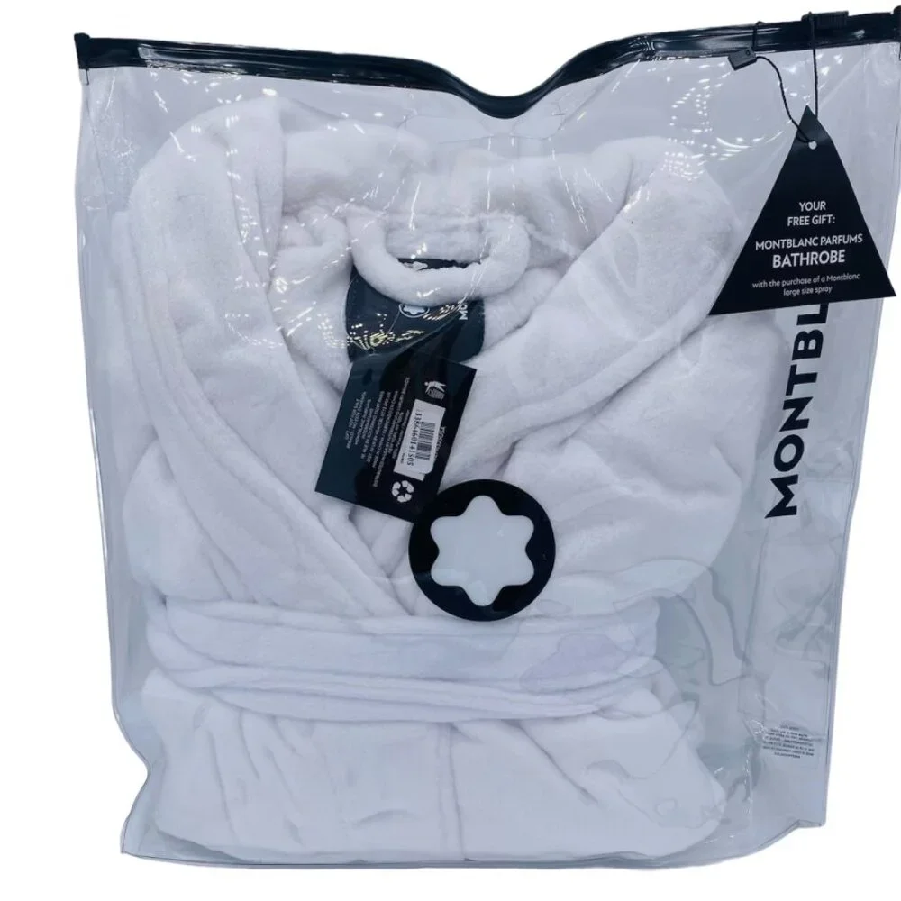 Montblanc Unisex Luxury Bath Robe, White Plush Soft Tie Belt, Spa Lounge - NEW
